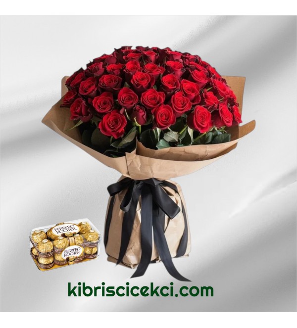 81 Kırmızı Gül Buketi 16'lı Ferrero Çikolata